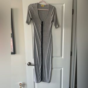 Highlight Grey Rib Snap Button Front Bodycon Dress, Size Medium
